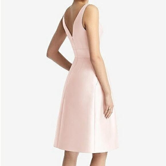 Alfred Sung Women’s V-Neck Pleated Skirt Cocktail Dress With Pockets Blush Sz 4 - Picture 4 of 8